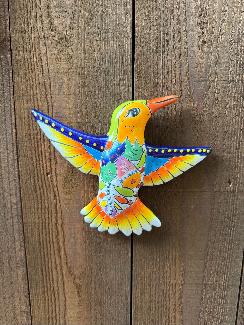 Hand-Painted Talavera Orange & Multicolor Hummingbird Wall Décor
